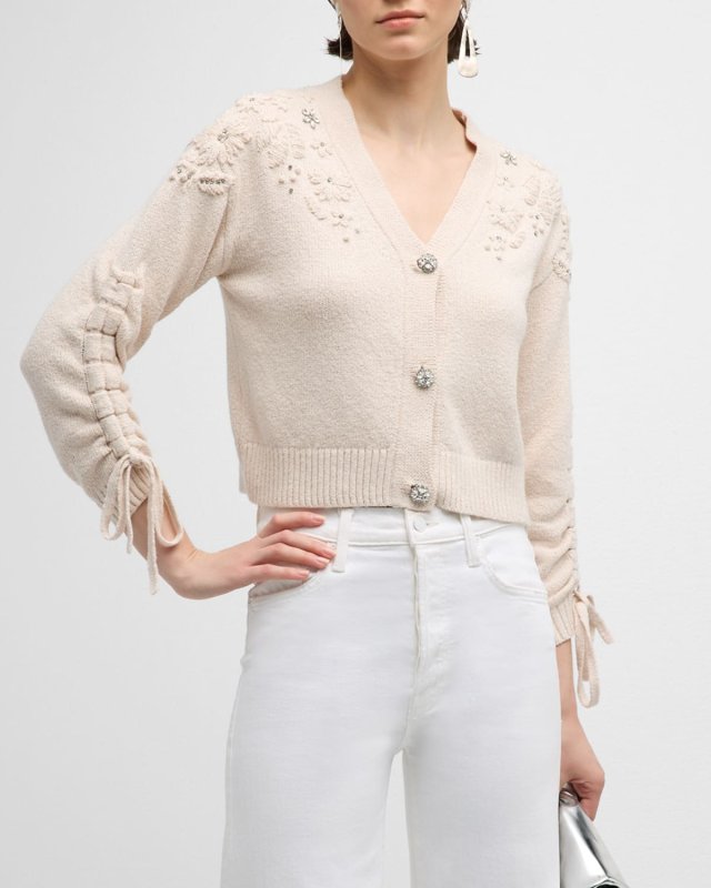 Brie Embroidered Crystal-Embellished Crop Cardigan