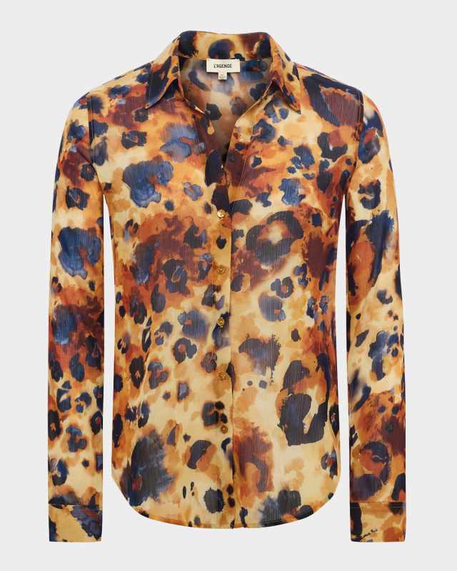 Watercolor Leopard Laurent Button-Front Blouse