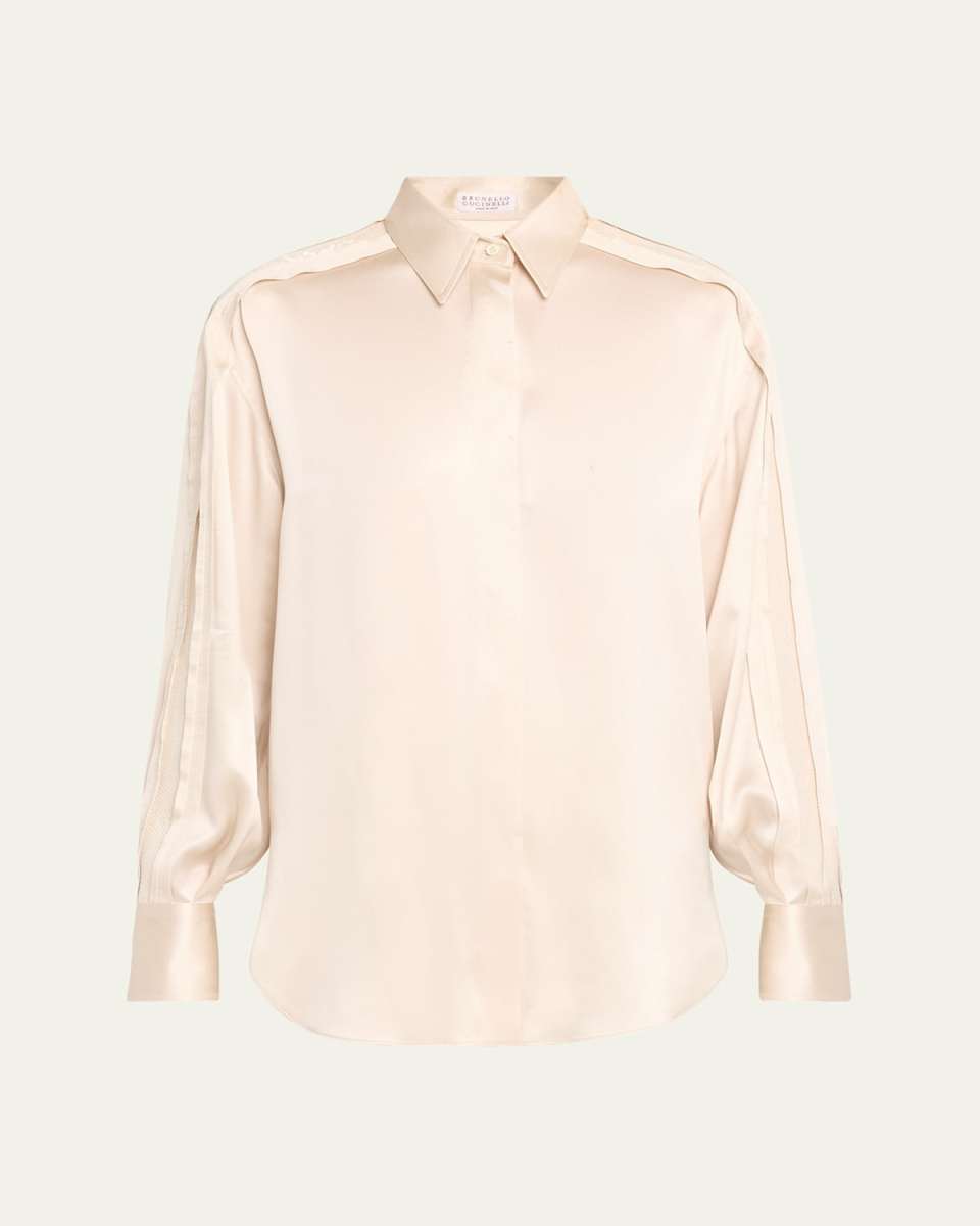 Satin Tunic Button-Front Shirt with Sequin Detai
