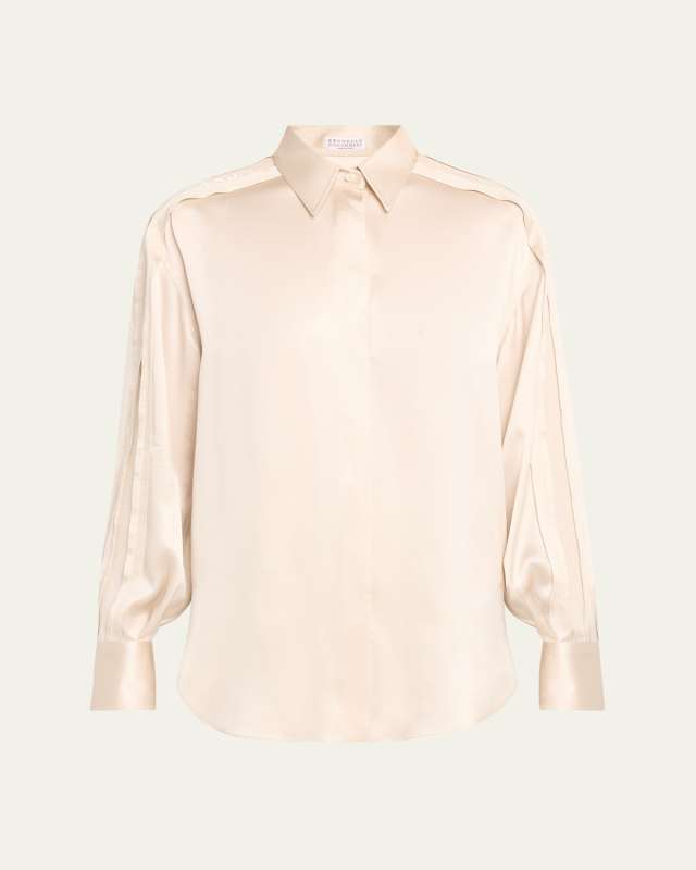 Satin Tunic Button-Front Shirt with Sequin Detai
