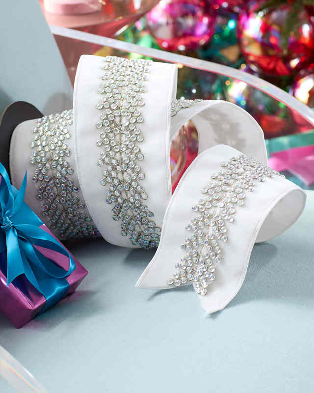 Winter White Aurora Borealis Bead Center Trim Ribbon, 4"W x 5 Yards
