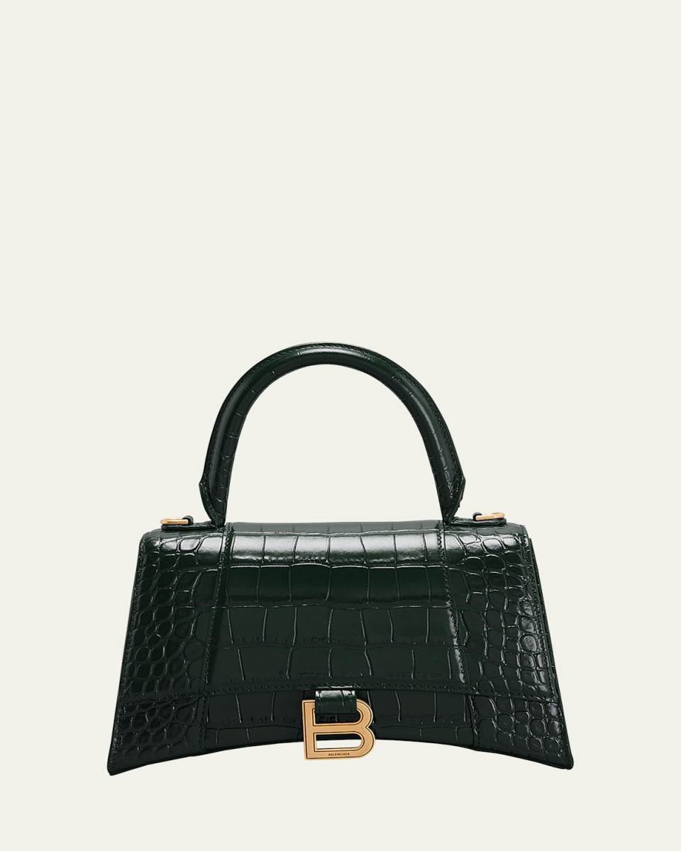 Hourglass Small Croc-Embossed Top-Handle Bag