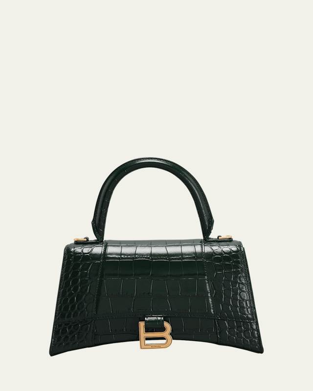 Hourglass Small Croc-Embossed Top-Handle Bag