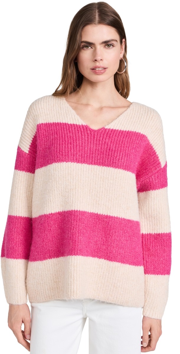 endless rose Fuzzy Striped Oversized Sweater Beige/Fuchsia