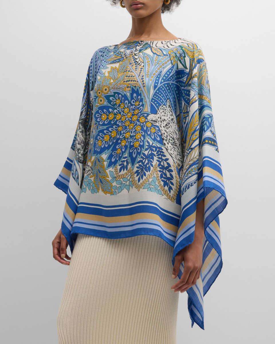 Amazonia Cobalt Print Cashmere-Blend Poncho
