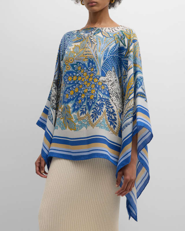 Amazonia Cobalt Print Cashmere-Blend Poncho