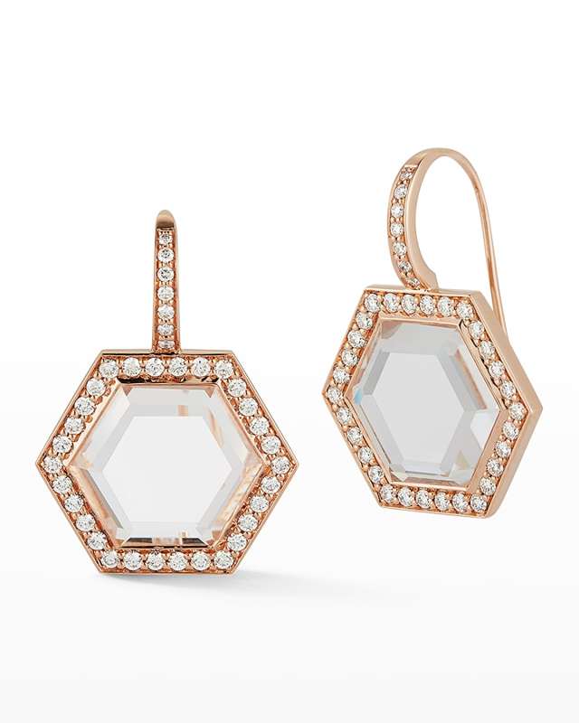 Bell Rose Gold Rock Crystal Hexagonal Wire Earrings with Diamond Border