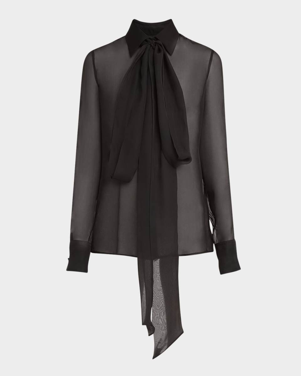 Bow-Neck Sheer Silk Blouse