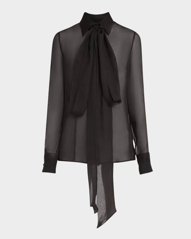 Bow-Neck Sheer Silk Blouse