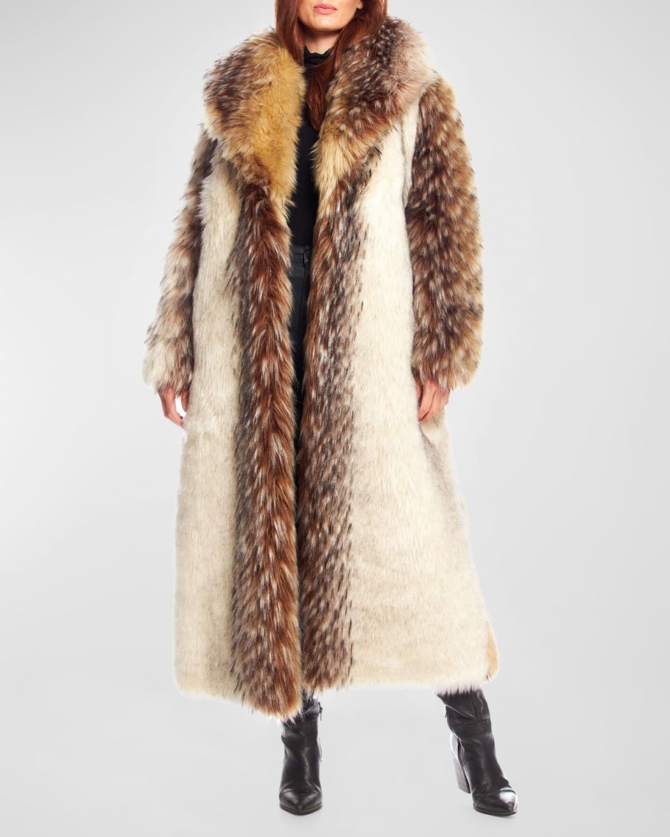 Faux-Fur Shawl-Collar Full-Length Coat