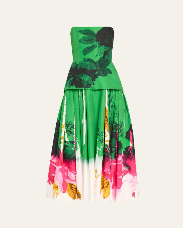 Floral-Print Strapless Corset Full-Skirt Midi Cocktail Dress