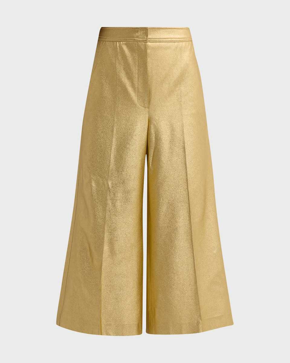 Mid-Rise Metallic Wide-Leg Ankle Pants
