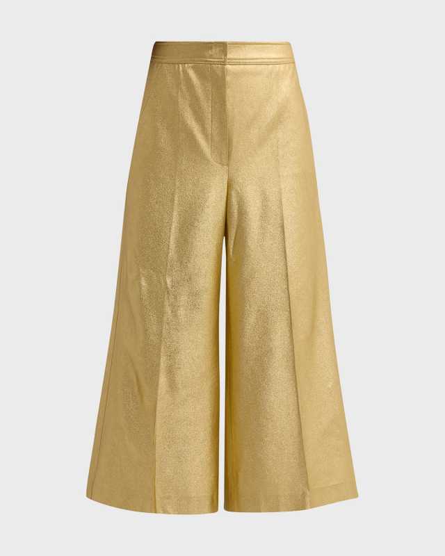 Mid-Rise Metallic Wide-Leg Ankle Pants
