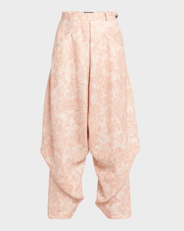 Helmer Woodblock Botanic-Print Draped Straight-Leg Crop Pants