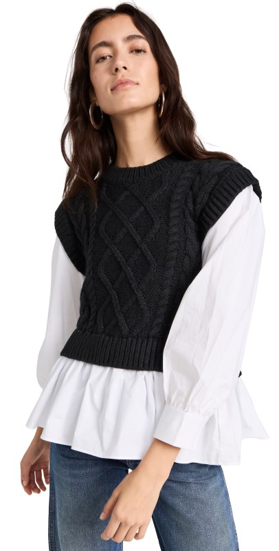English Factory Mixed Media Cable Detail Sweater Black/White