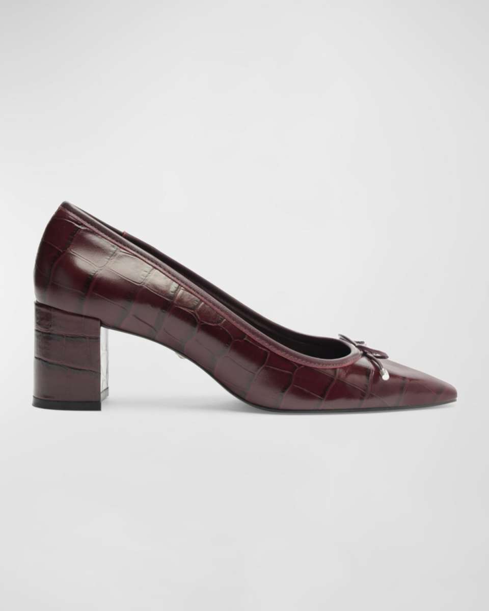 Arissa Croco Bow Square-Toe Pumps