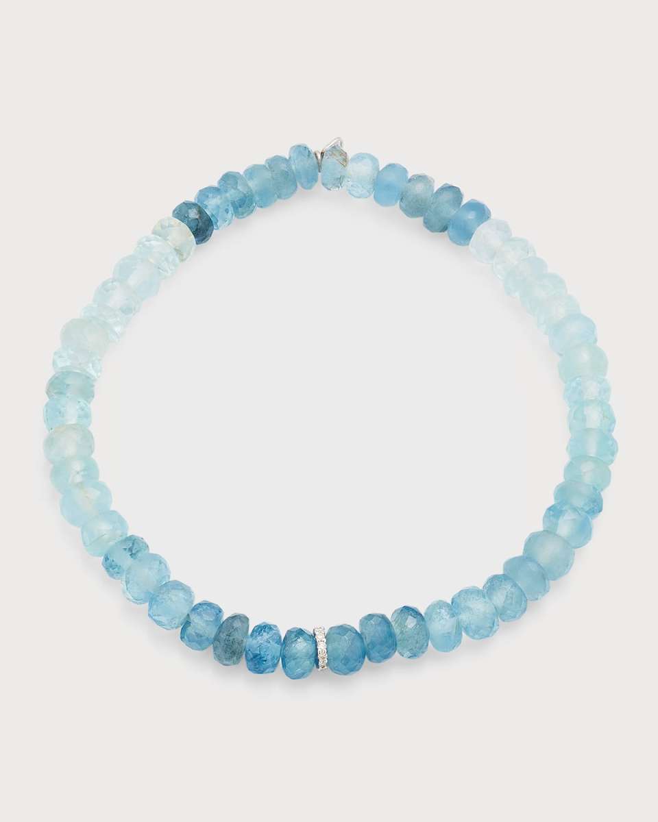 4mm Aqua Faceted Rondelle Bracelet With Diamond Disc Bead