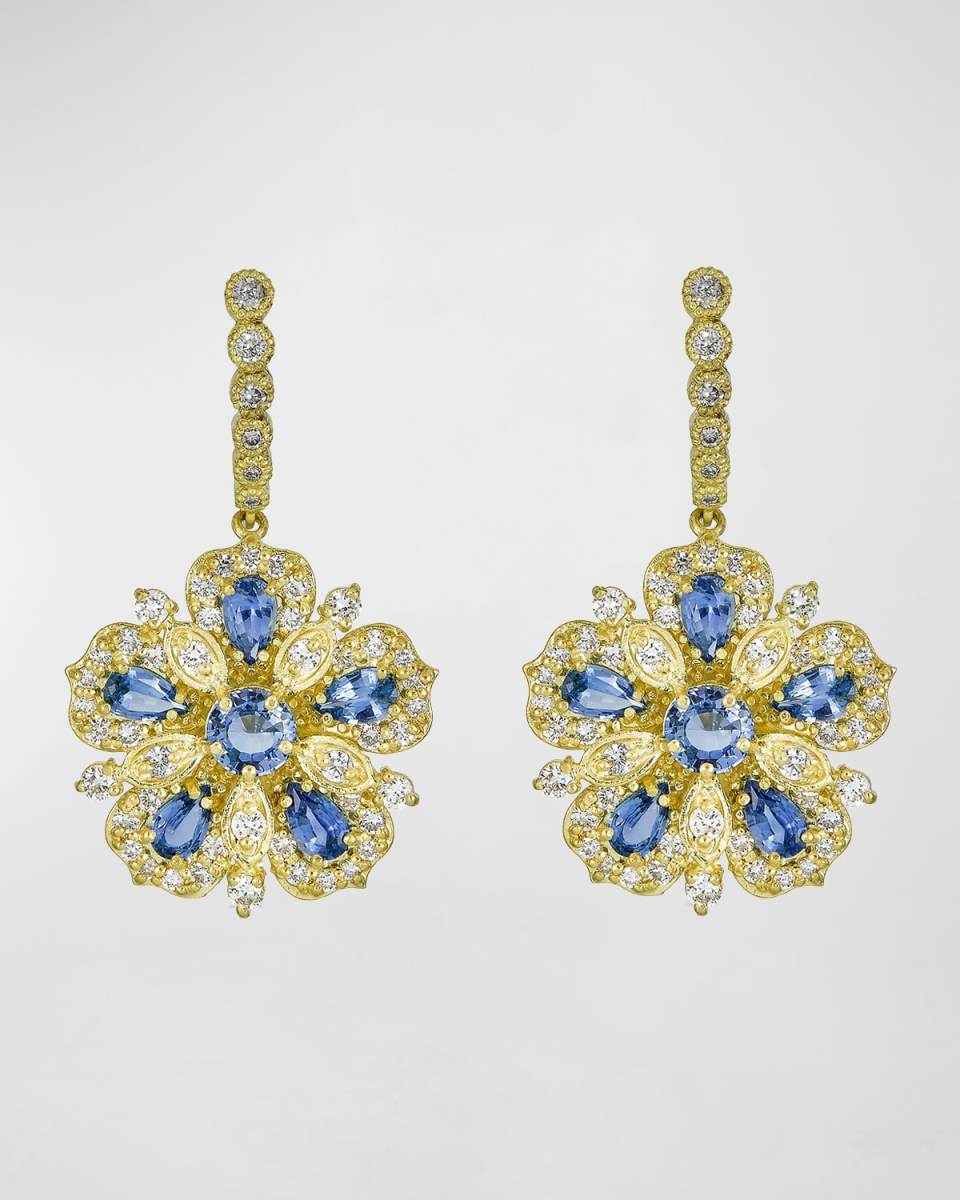 Yellow Gold Jasmine Bloom Earrings with Ceylon Sapphires and White Diamonds