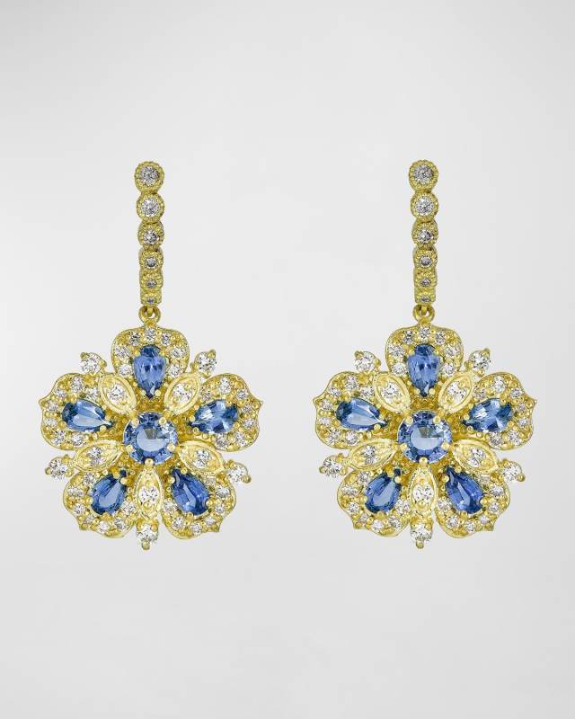Yellow Gold Jasmine Bloom Earrings with Ceylon Sapphires and White Diamonds