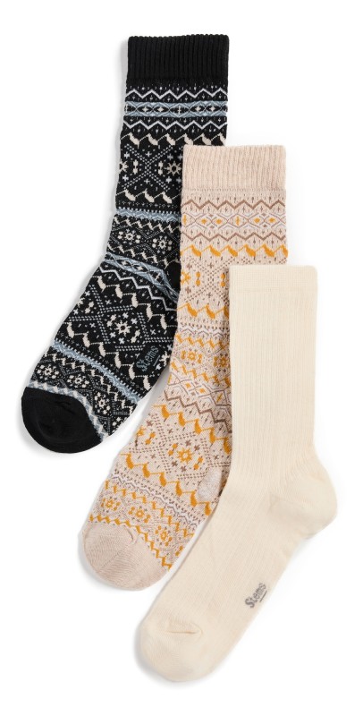 Stems Snowflake Cashmere Socks Gift Box of Three Camel/Black/Ivory