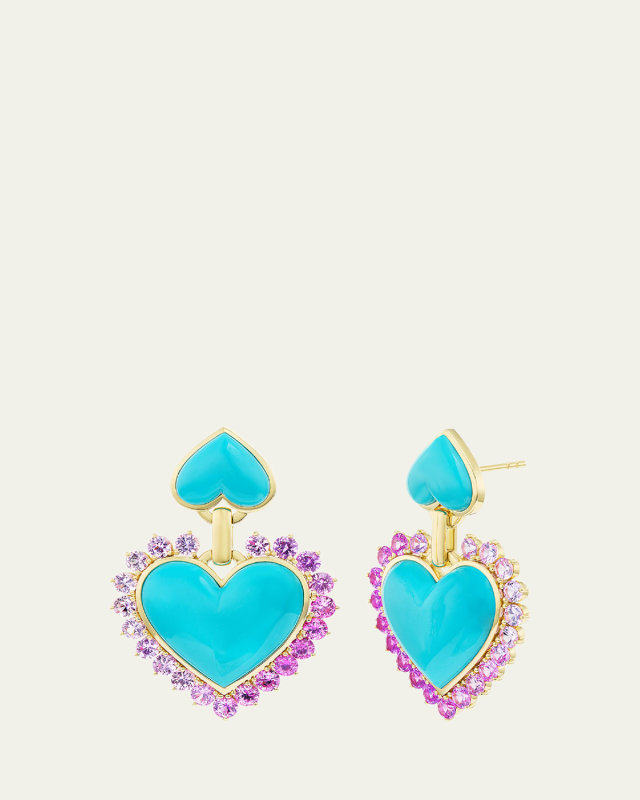 Queen of Hearts 18K Yellow Gold Turquoise and Sapphire Earrings