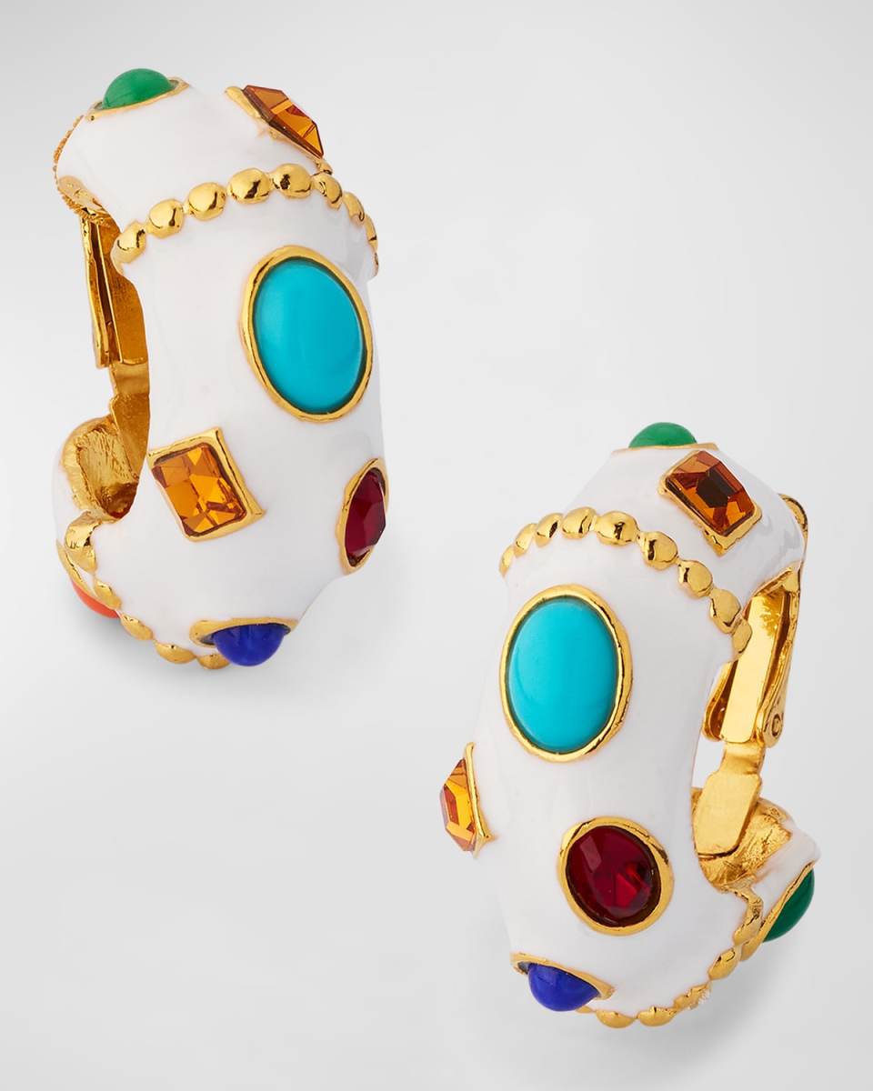 White Enamel and Multicolor Gemstone Clip Hoop Earrings