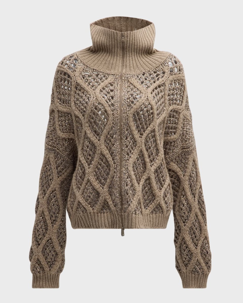 Opera Cashmere Cable and Net Zip-Up Cardigan with Paillette Details
