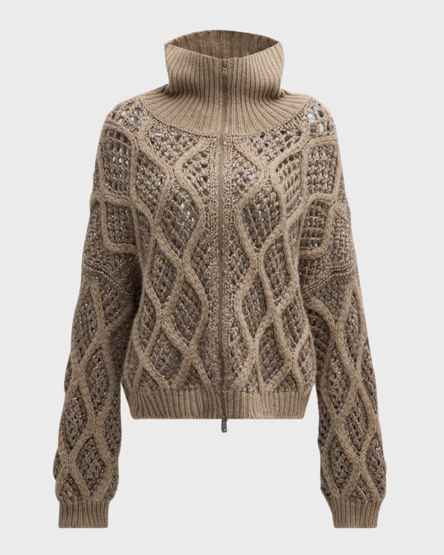 Opera Cashmere Cable and Net Zip-Up Cardigan with Paillette Details