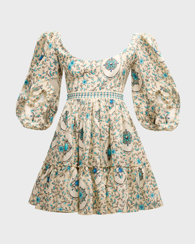 Delirio Platero Floral Linen Puff-Sleeve Mini Dress