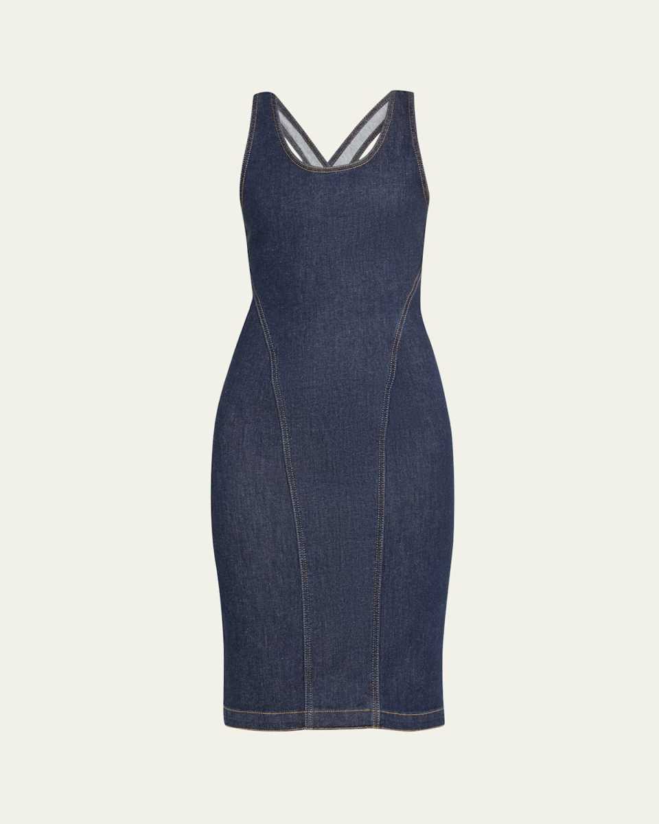 Stretch Denim Midi Dress with Open Back