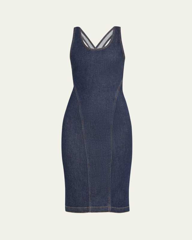 Stretch Denim Midi Dress with Open Back