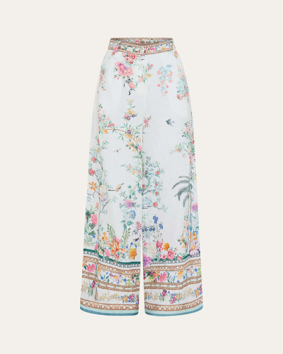 Floral Linen Wide-Leg Pants