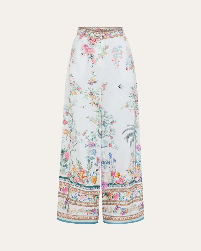 Floral Linen Wide-Leg Pants