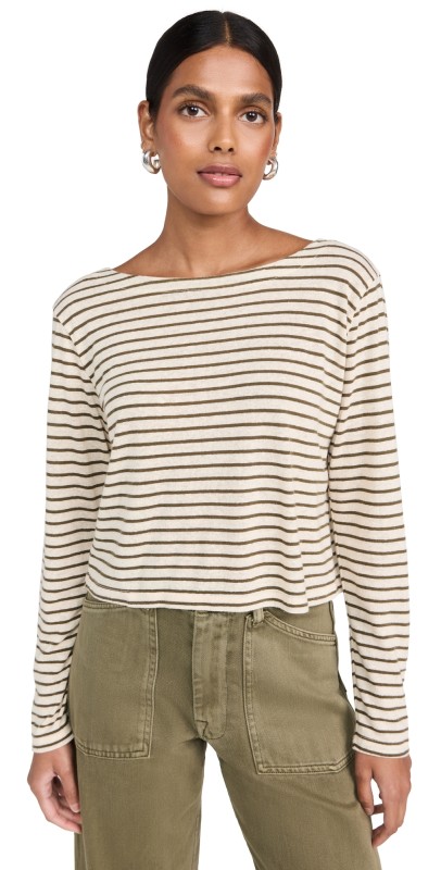 Stateside Linen Cotton Jersey Cropped Boat Neck Tee Fern