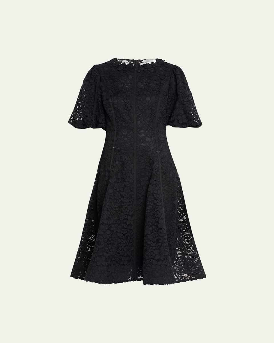 Embroidered Puff-Sleeve Floral Lace Knee Dress