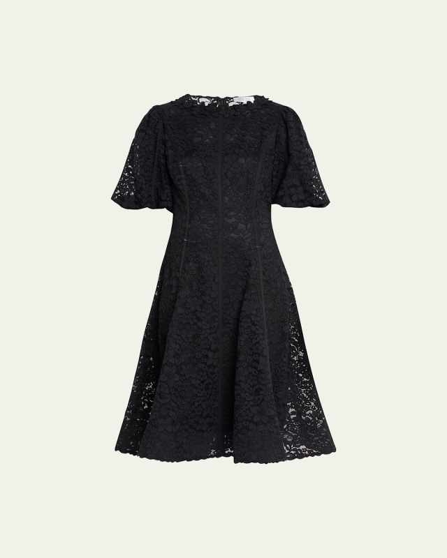 Embroidered Puff-Sleeve Floral Lace Knee Dress