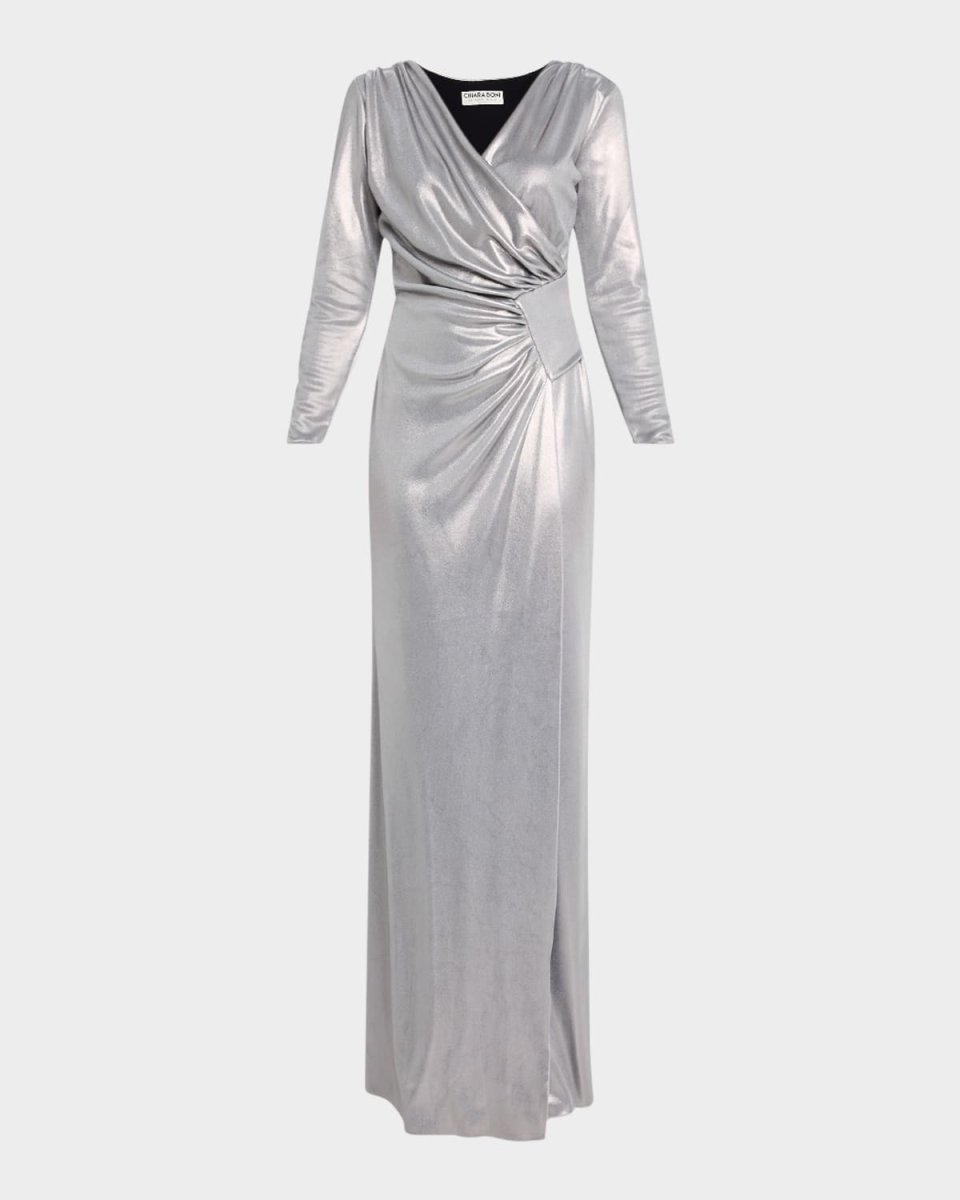 Ruched Metallic Column Gown