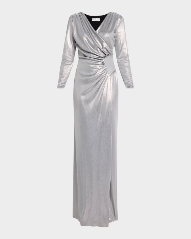 Ruched Metallic Column Gown