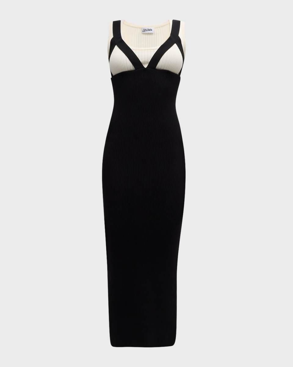 Bicolor Rib Knit Sleeveless Strappy Maxi Dress