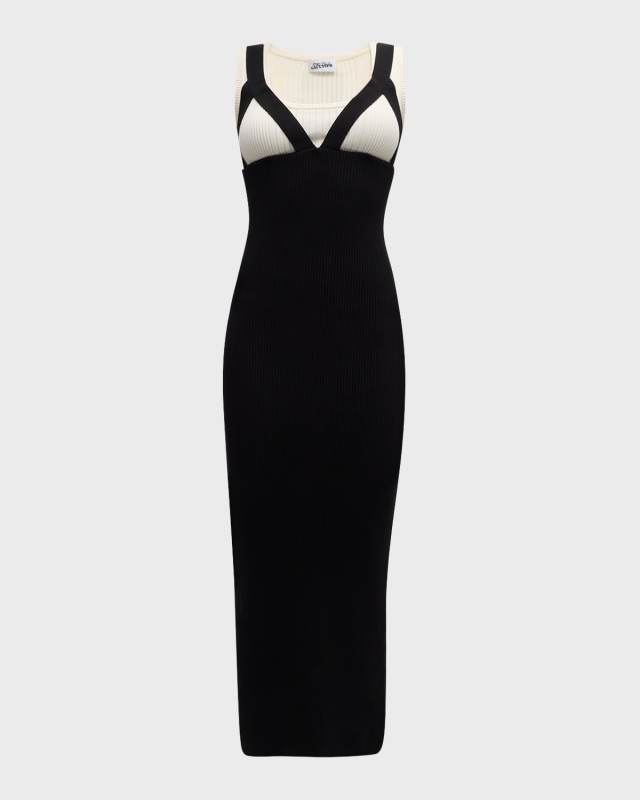 Bicolor Rib Knit Sleeveless Strappy Maxi Dress