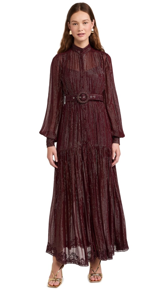 Hemant and Nandita Long Dress With Buckle Belt Burgundy