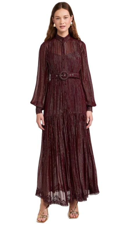Hemant and Nandita Long Dress With Buckle Belt Burgundy