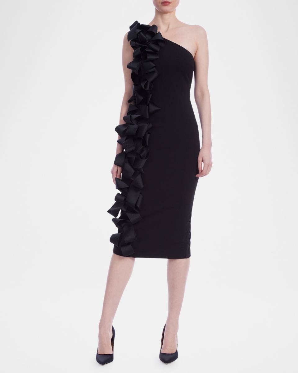 One-Shoulder Ruffle Ribbon Midi Sheath Dress