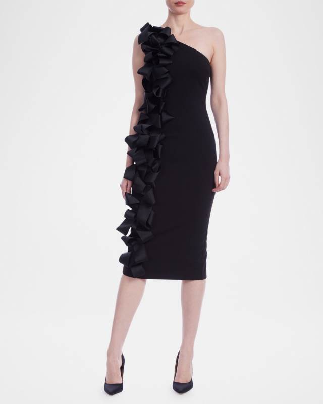 One-Shoulder Ruffle Ribbon Midi Sheath Dress
