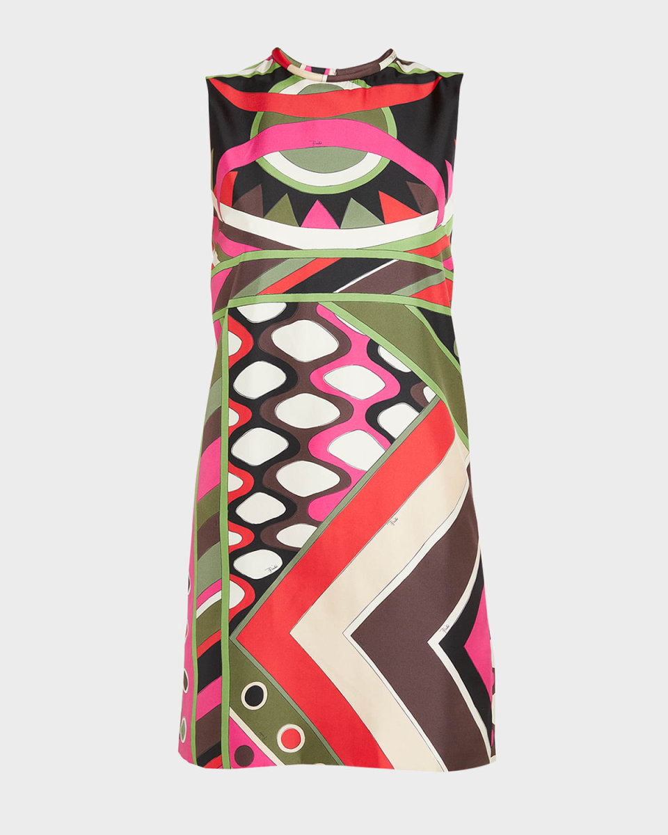 Abstract-Print Silk Sleeveless Mini Shift Dress