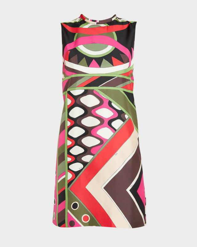 Abstract-Print Silk Sleeveless Mini Shift Dress