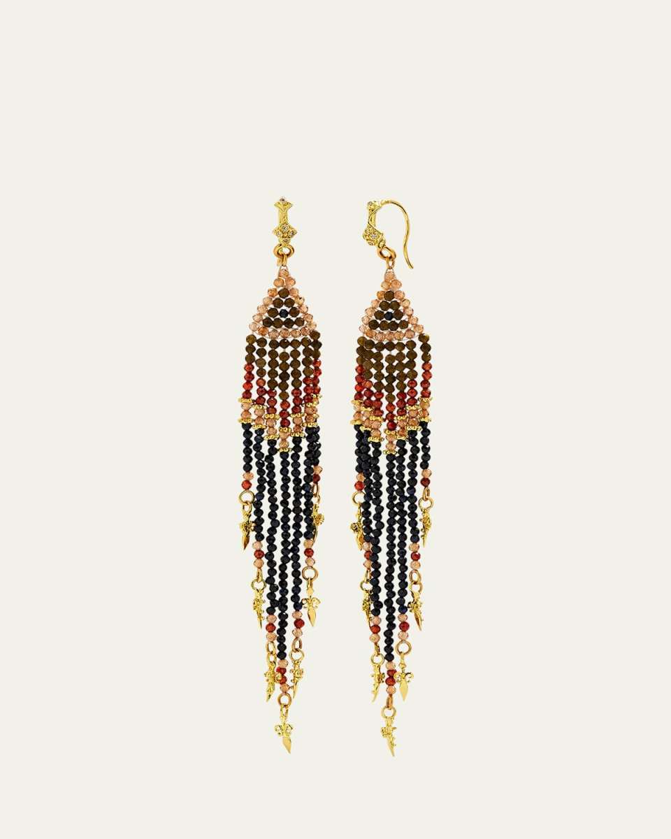 18K Yellow Gold Beaded Feather Earrings with Shaded Sapphires, Garnet, Labradorite and Brown Zircon
