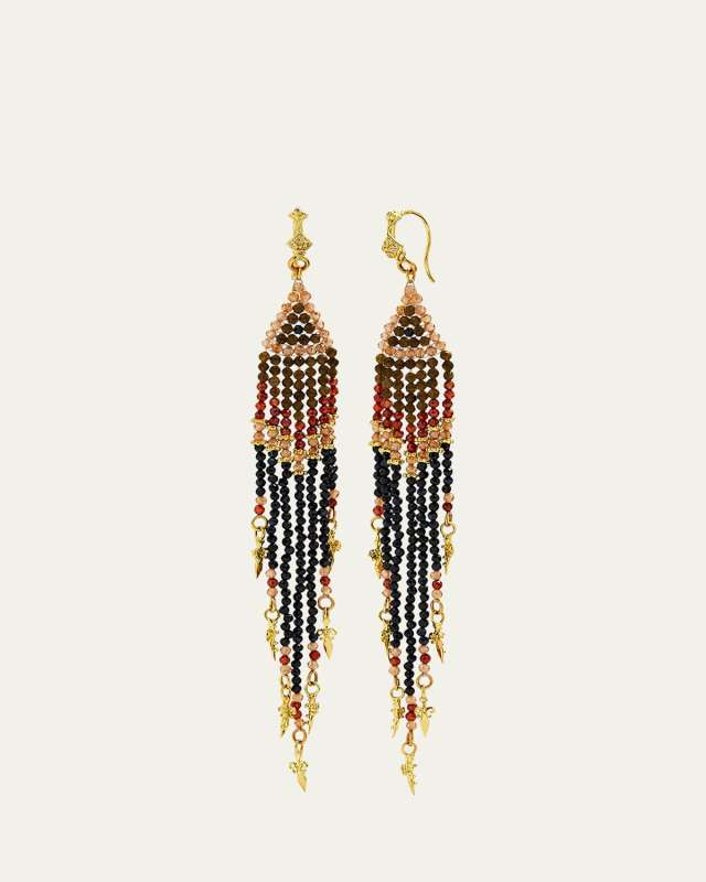 18K Yellow Gold Beaded Feather Earrings with Shaded Sapphires, Garnet, Labradorite and Brown Zircon