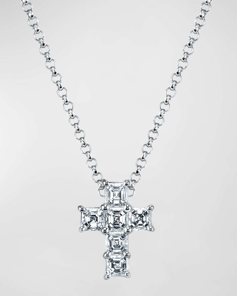 18K Gold 6-Stone Shared Prong Asscher Cut Diamond Cross Necklace, 16"L, 1.80tcw