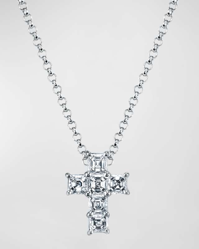 18K Gold 6-Stone Shared Prong Asscher Cut Diamond Cross Necklace, 16"L, 1.80tcw